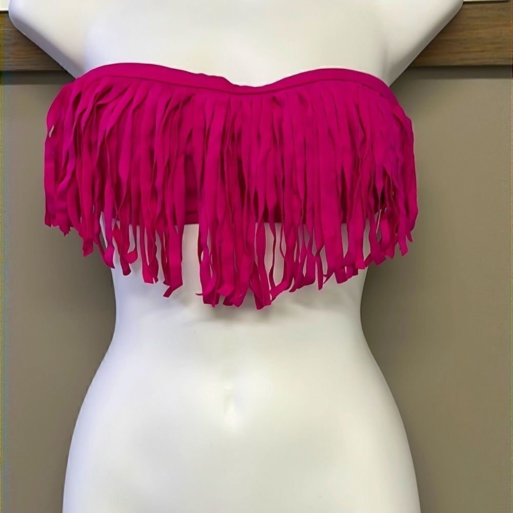 Capri Hot Pink Fringe Padded Bandeau 2-way Bikini Top-Medium